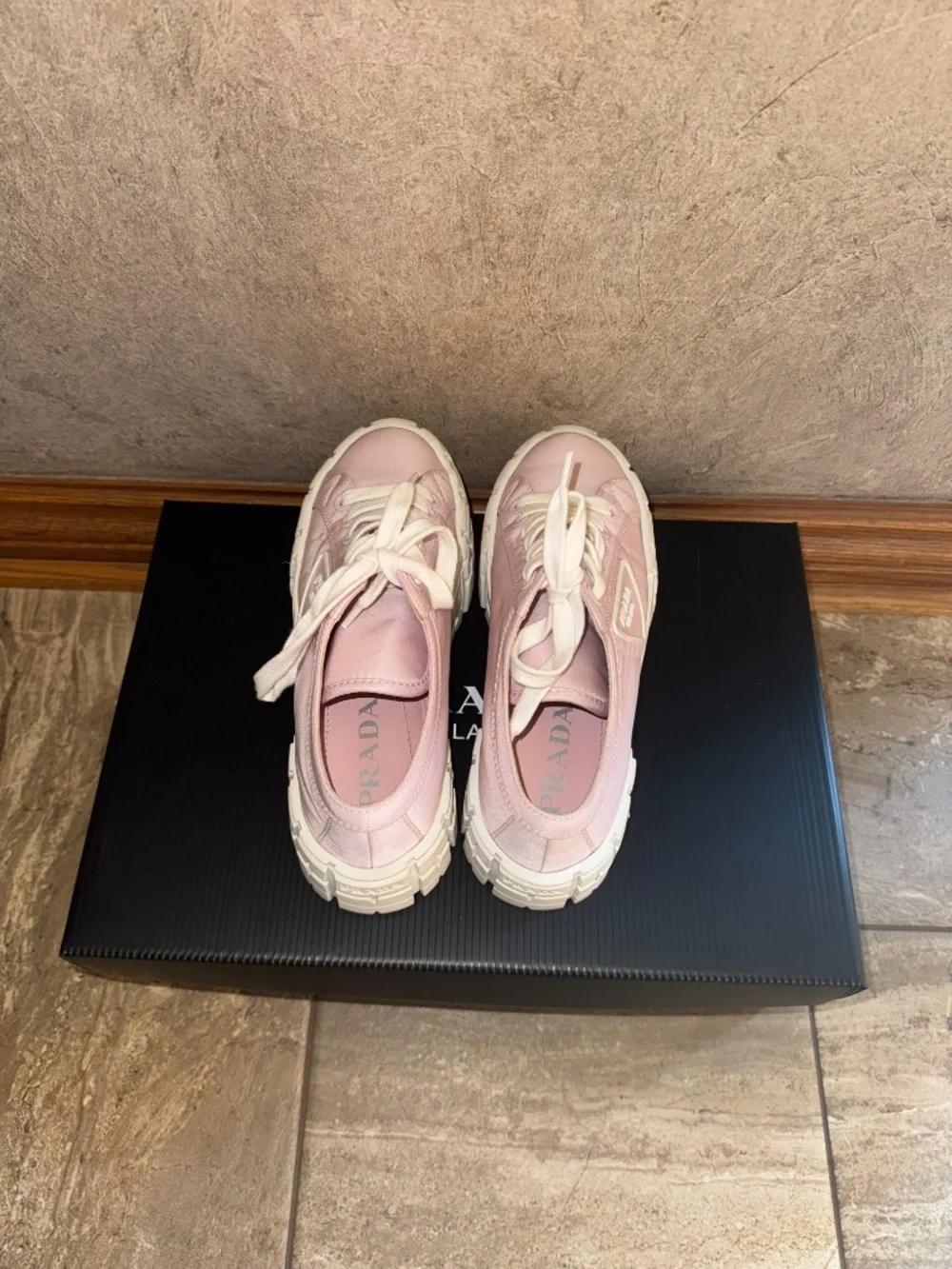 Prada Light Pink Platform Lace-Up Low-Top Sneakers